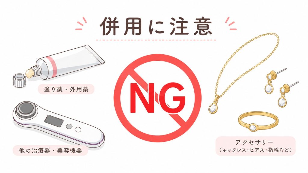 併用に注意」という見出しと、中央に大きな「NG」のマーク。周囲に「塗り薬・外用薬」「他の治療器・美容機器」「アクセサリー(ネックレス・ピアス・指輪)」のイラストが描かれています。