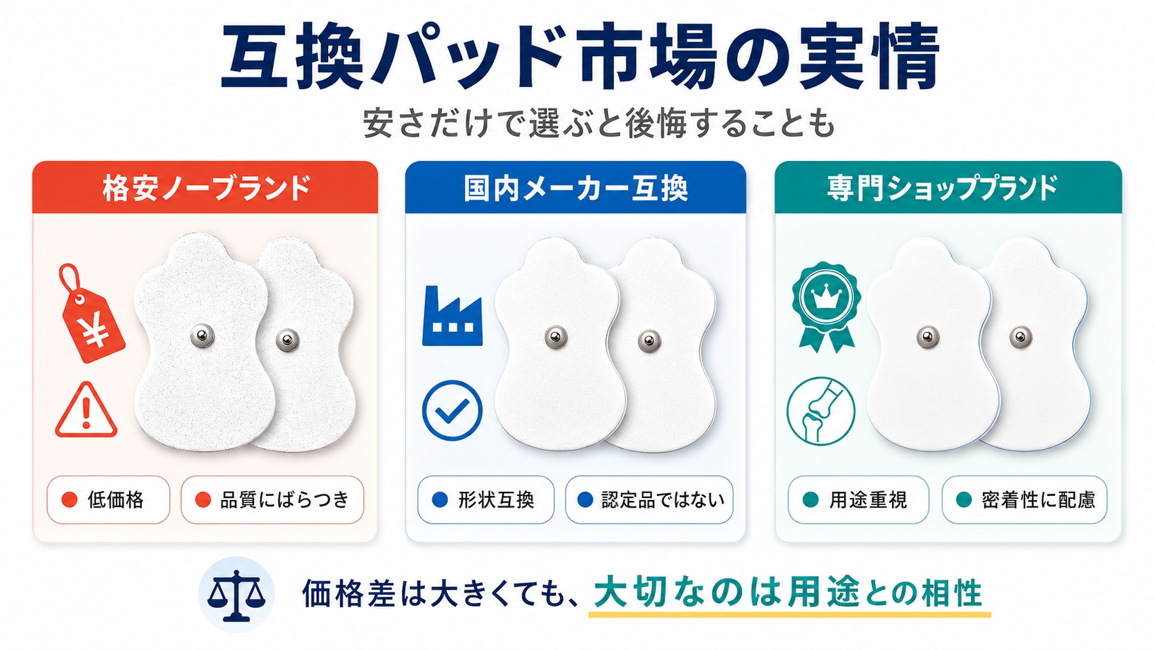 互換パッド市場の実情を、格安ノーブランド・国内メーカー互換・専門ショップブランドの3カテゴリで比較した画像。