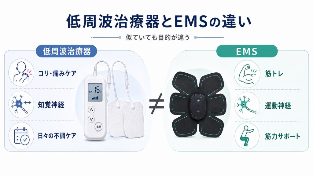 低周波治療器(緩和・ケア目的)とEMS(トレーニング・筋肉刺激目的)の違いを比較した表
