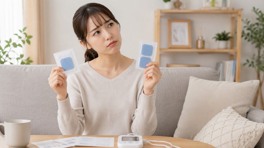 リビングでEMSパッド用ジェルシートを手に取り比較する女性