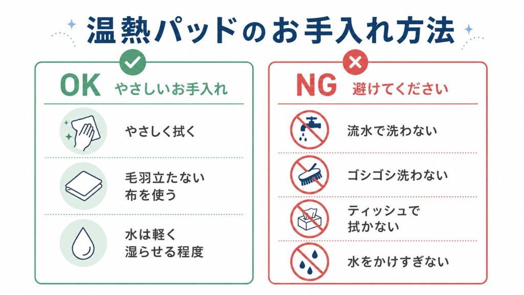温熱パッドの正しいお手入れ方法。湿らせた布で優しく拭くOK例と、流水やティッシュ、ゴシゴシ洗いを避けるNG例の比較