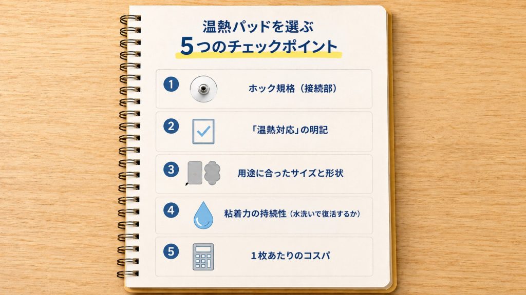温熱パッド選びの5つのチェックポイントをまとめたチェックリスト画像