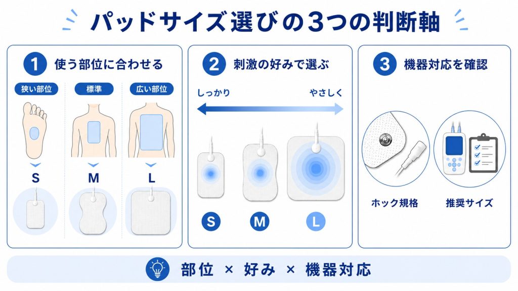 低周波治療器パッドのサイズ選びに必要な3つの判断軸を示した図解