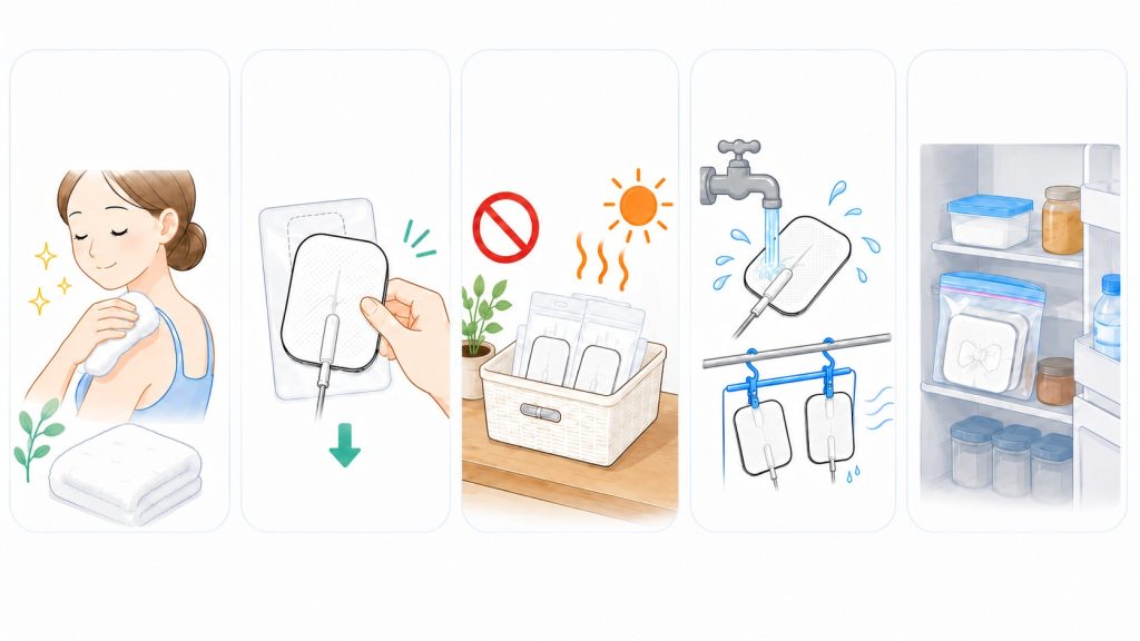 低周波治療器パッドを長持ちさせる5つの習慣を説明したイラスト