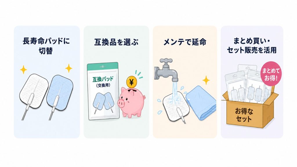低周波治療器パッドを安く交換する4つの方法をまとめたイラスト
