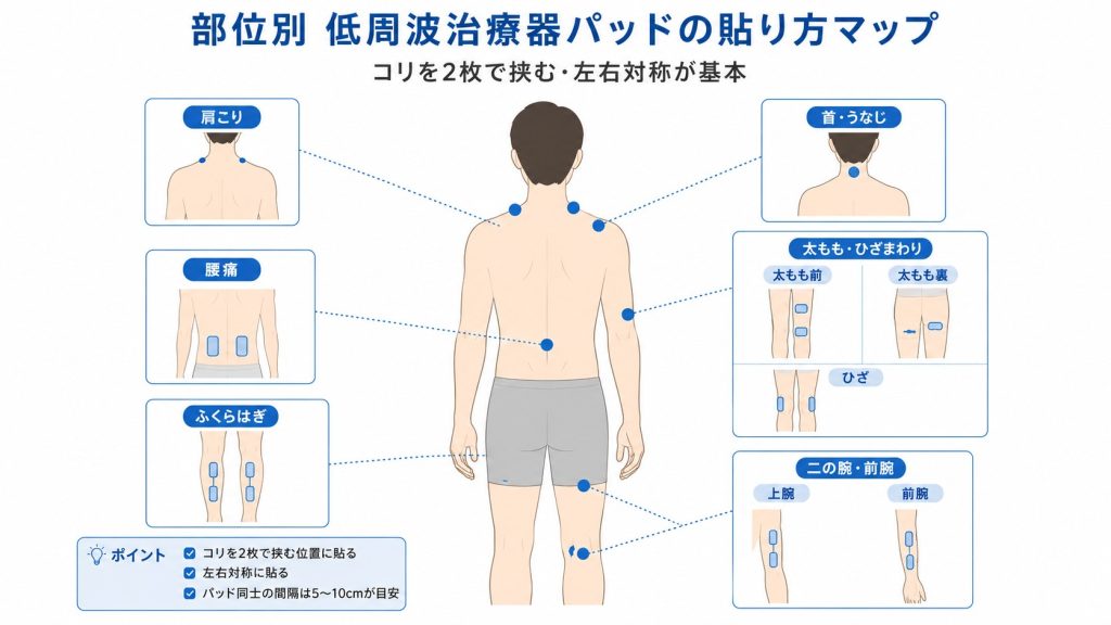 低周波治療器パッドの部位別貼り方マップ