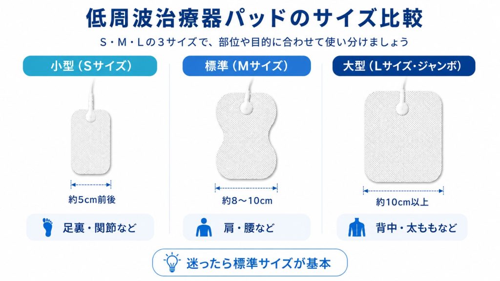低周波治療器パッドのS・M・Lサイズを比較した図解
