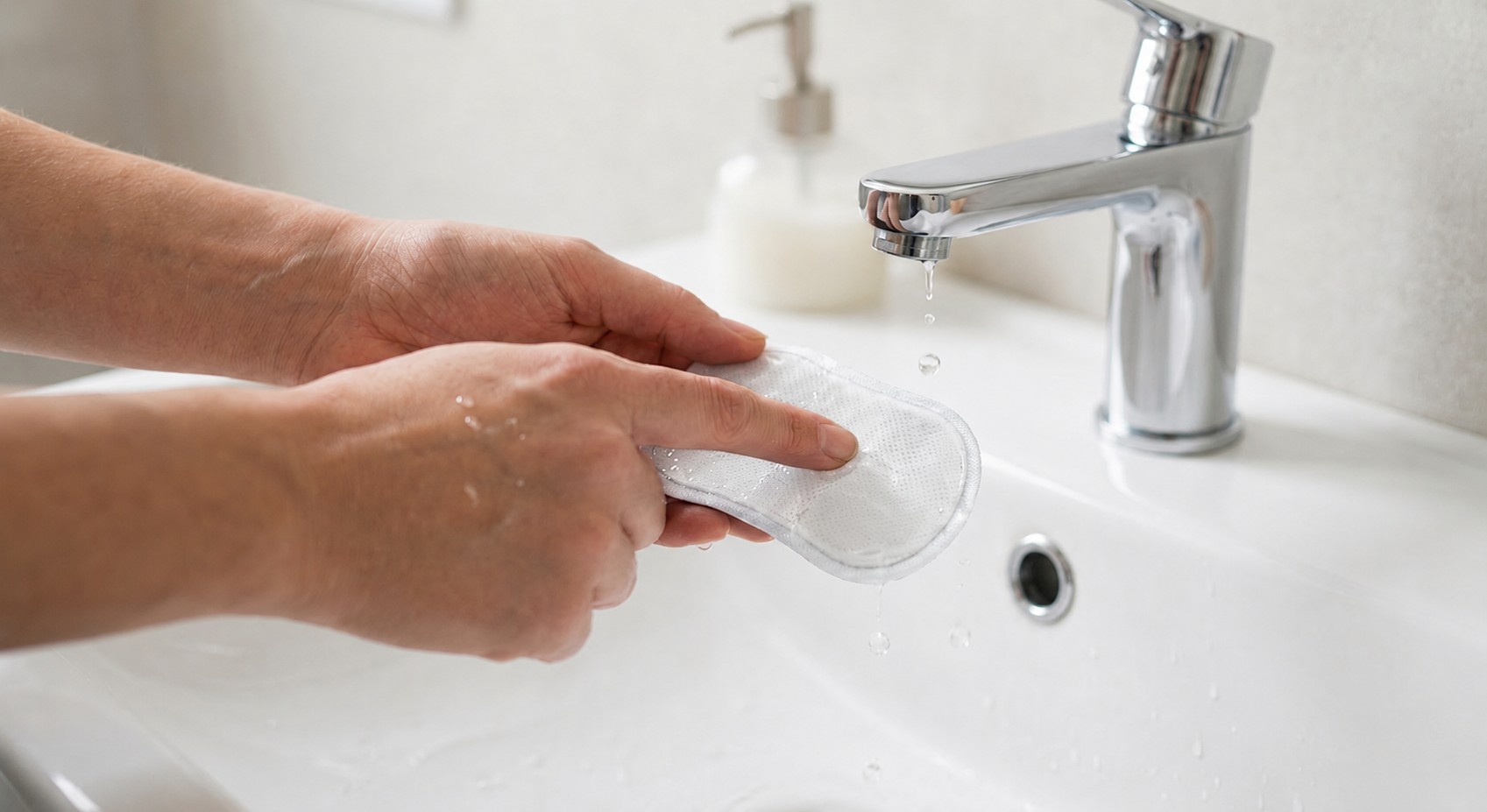 蛇口から滴る水滴で低周波治療器パッドの粘着面を優しく洗う様子