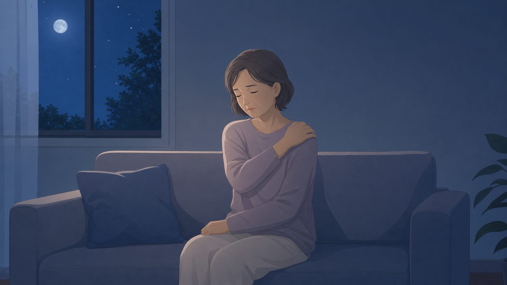 夜間に肩の痛みで目が覚めた中高年の女性が肩に手を当てているセルフチェック場面のイラスト