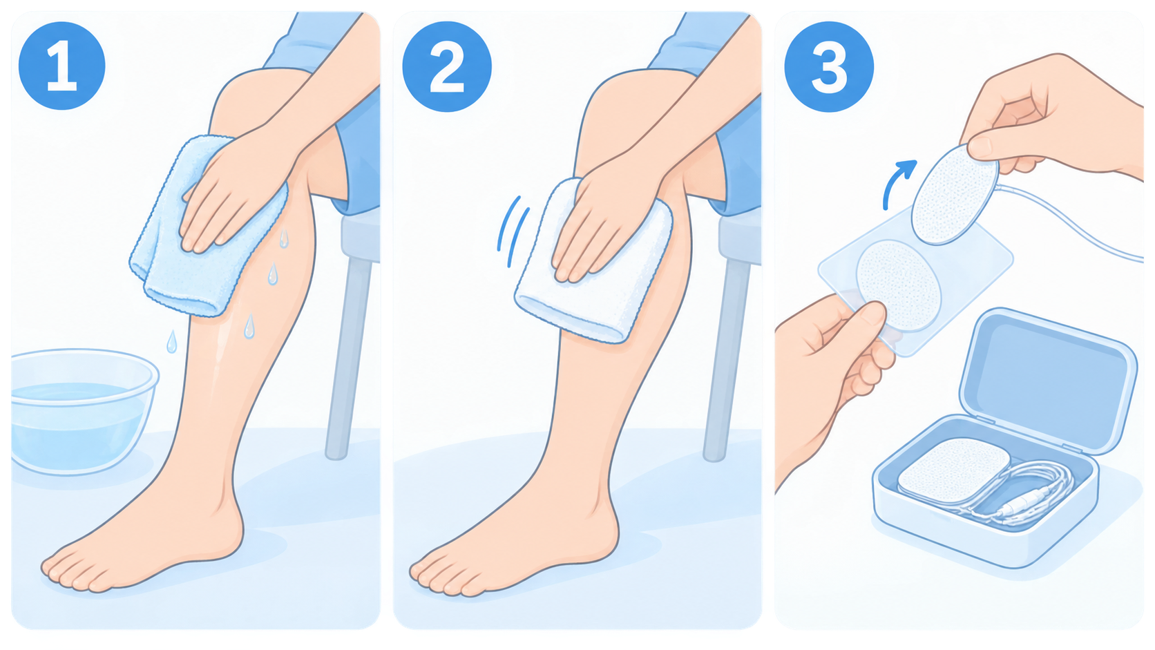 低周波治療器のパッドを貼る前後の3ステップを示した手順イラスト