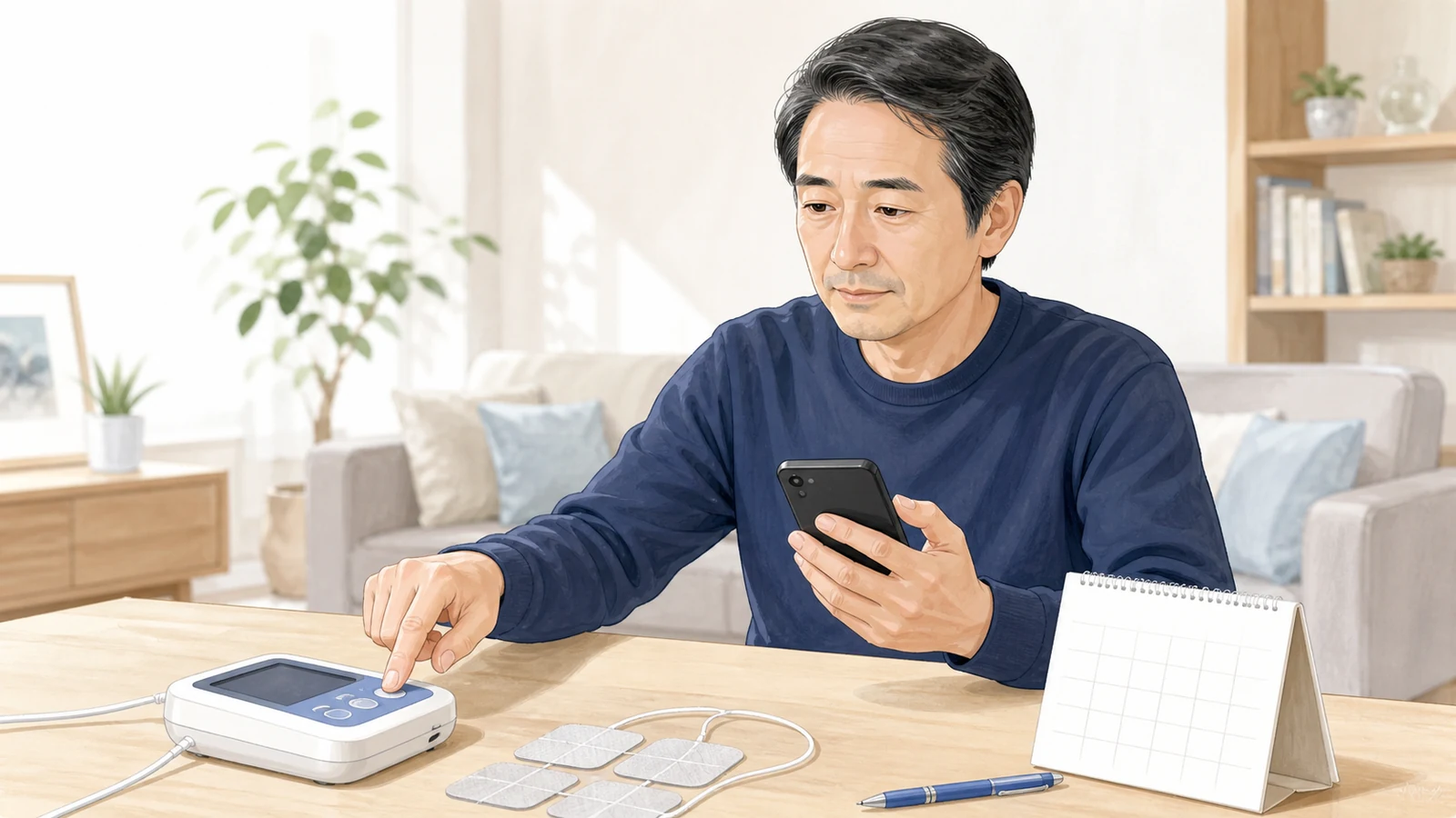肩の不調が続き低周波治療器の電源を切ってスマートフォンで受診予約を取ろうとする男性の挿絵