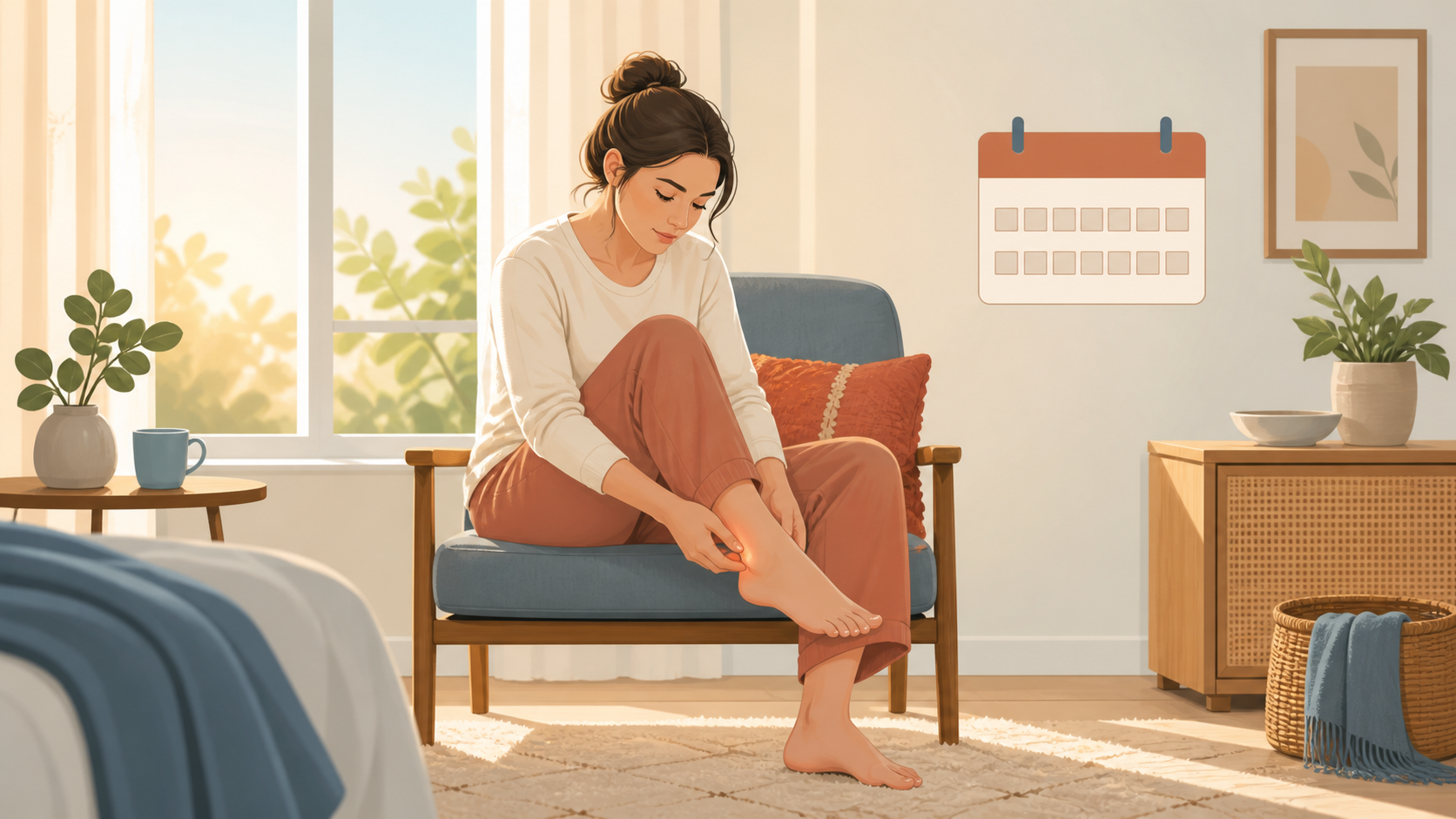 朝に自宅でかかとの痛みを確かめ、2週間の経過を意識する生活場面のイラスト