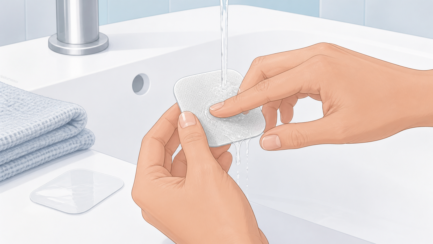 使い終わった低周波治療器のパッドを指の腹で水洗いしている手元のイラスト