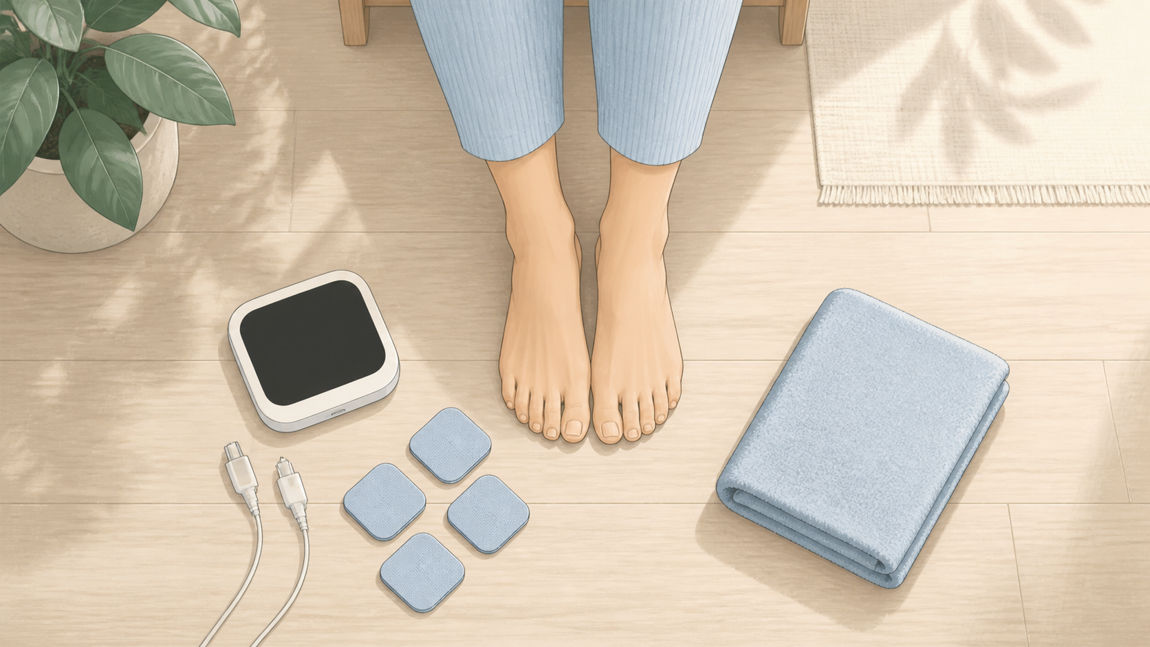 低周波治療器の本体とパッドを足元に置いた、足裏のケアを始める場面のイラスト