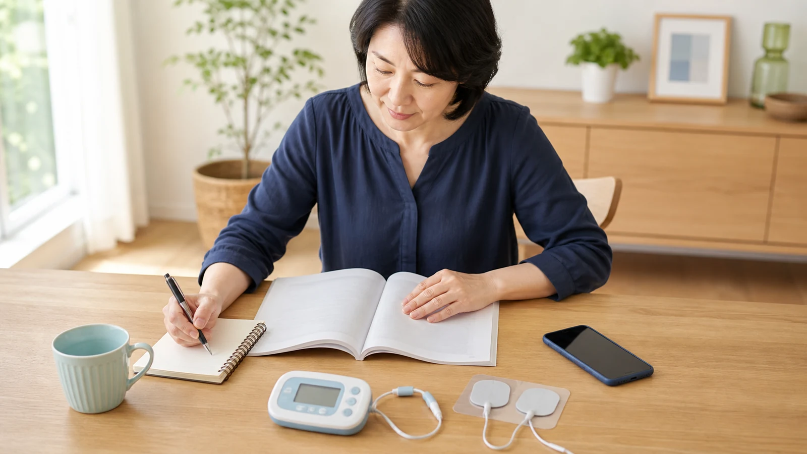 低周波治療器を使う前に取扱説明書を読み医師へ相談したい内容をメモする女性の挿絵