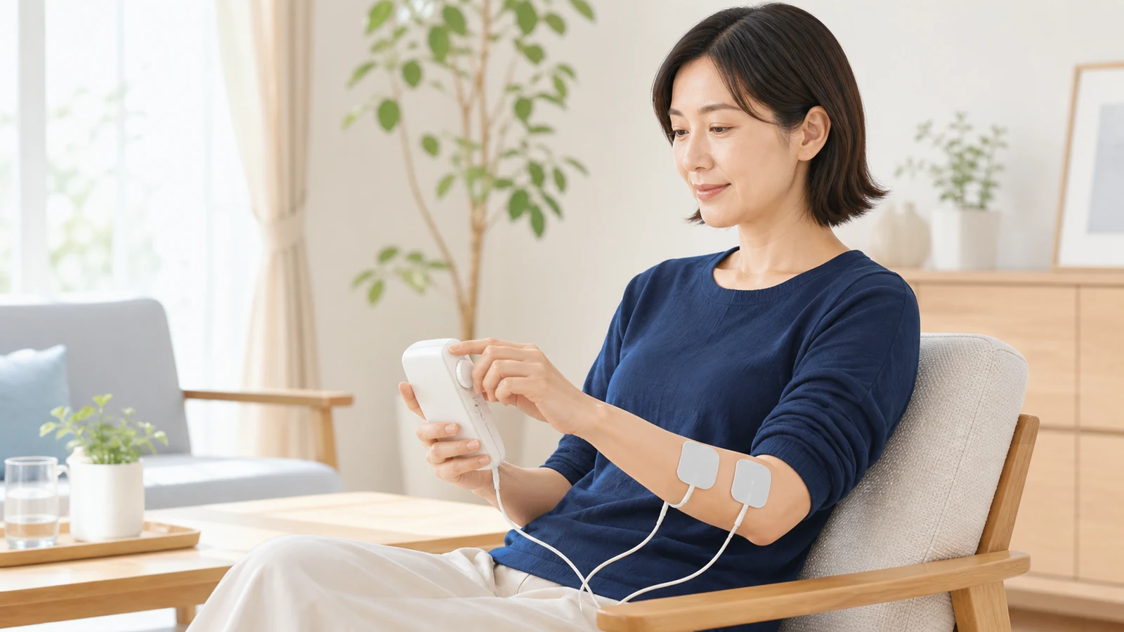 低周波治療器を腕に貼り最も弱い設定から落ち着いて少しずつ強さを調整する女性の挿絵