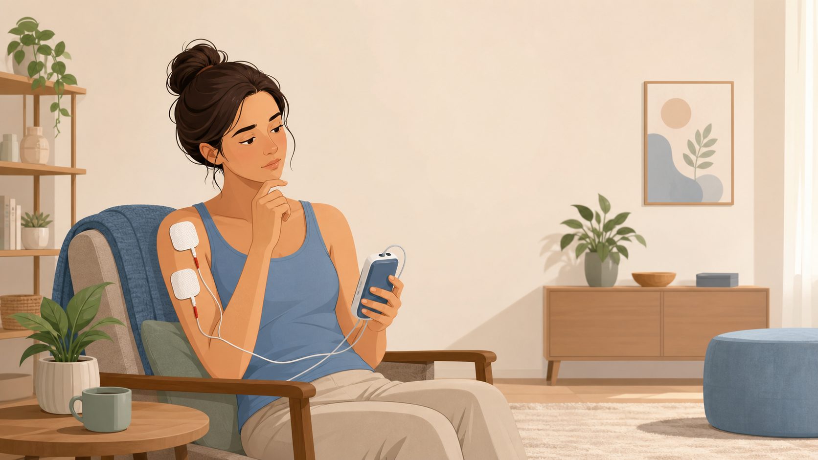 低周波治療器を手に、パッドの貼り方を確認する人物のイラスト
