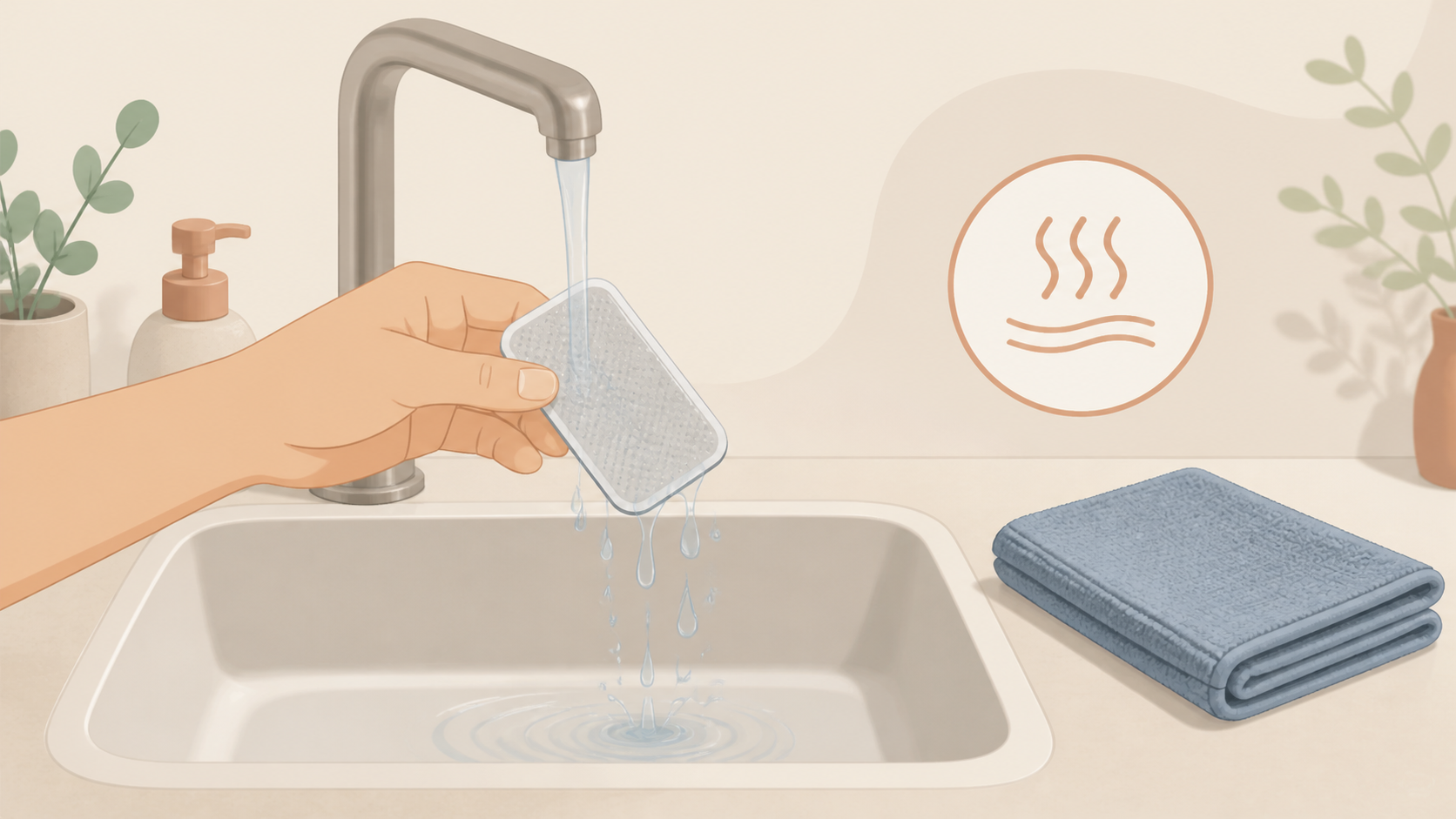 粘着パッドを少量の水で軽くなでて洗い、自然乾燥させる手順を示すイラスト