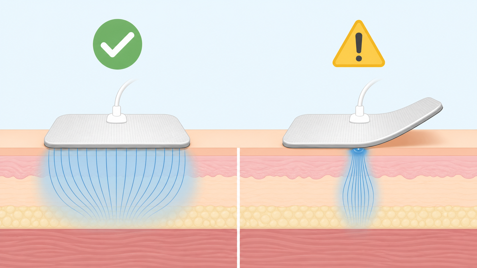 パッドの端が浮いて電流が一点に集中する様子と、しっかり密着した状態を比較した図解