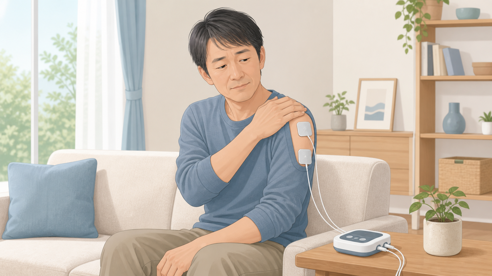 肩に手を当てて低周波治療器の刺激に違和感を覚える様子を示すイラスト