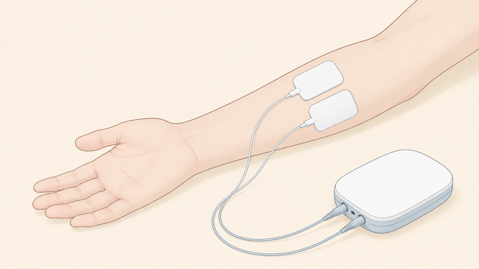 腕の内側にパッドを貼って刺激の伝わり方を確かめる位置を示したイメージ図