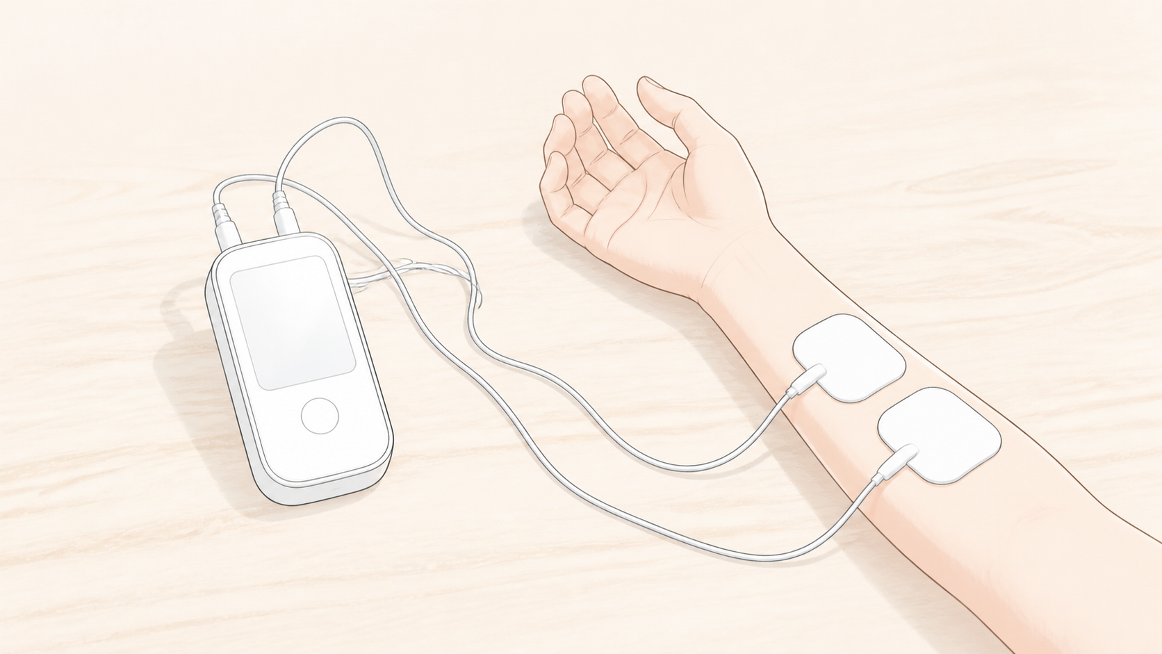 腕の内側で低周波治療器の刺激を確かめる場面のイメージ図