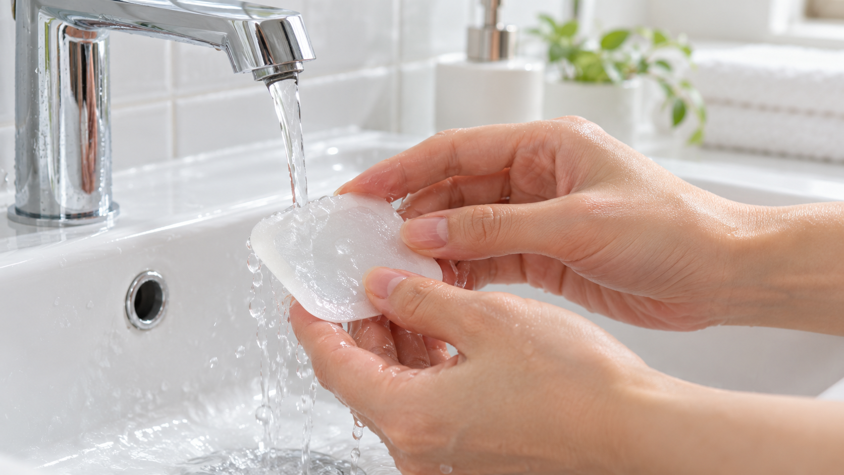 洗面台で低周波治療器のジェルパッドの粘着面を少量の流水で軽く洗っている手元