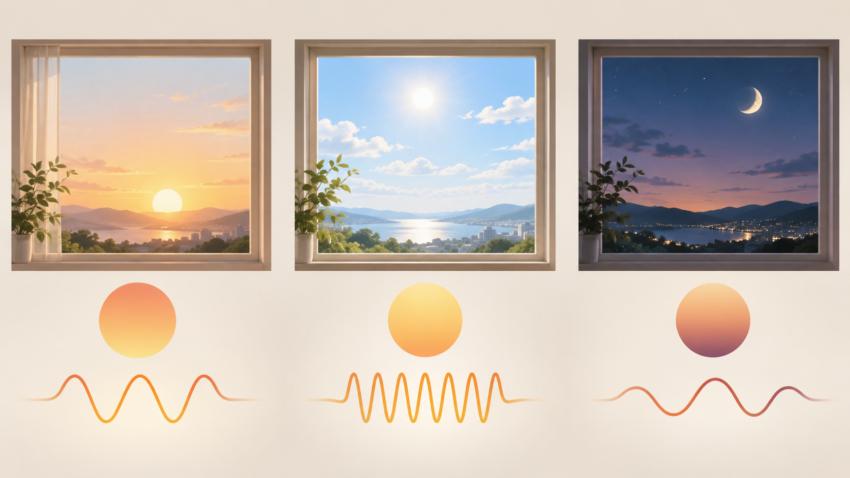 1日の場面ごとに温熱パッドと低周波治療器を使い分けるイメージのイラスト