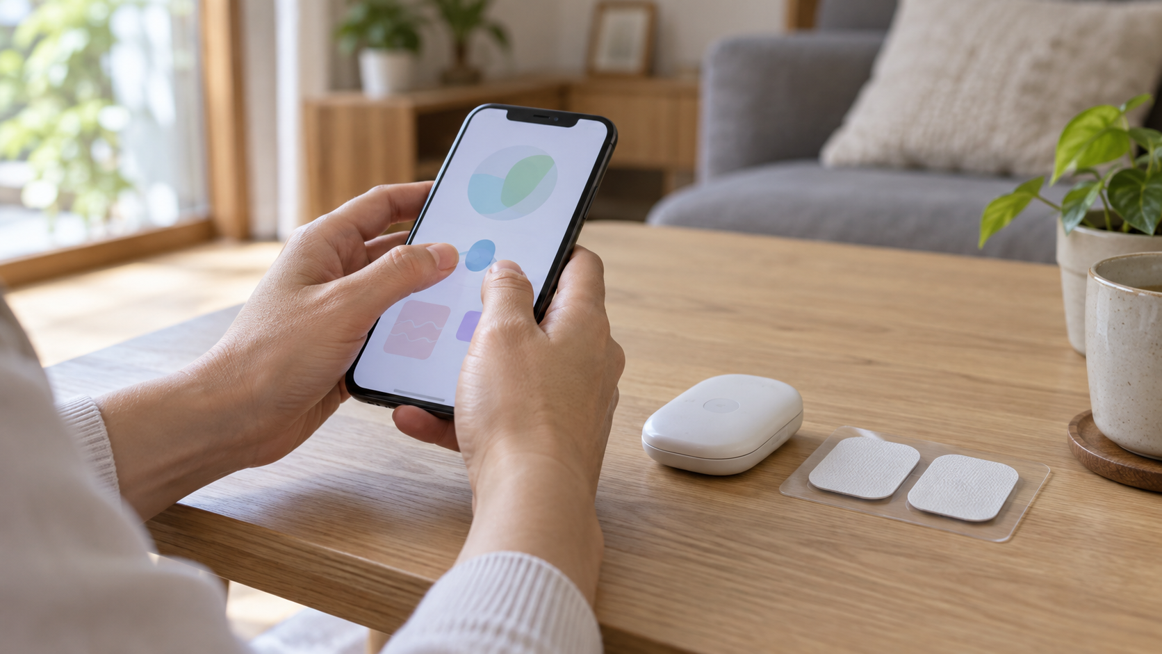 スマートフォンのアプリ画面を両手で操作する様子と、木目のテーブルに置かれた白いコードレス低周波治療器と2枚の四角いジェルパッド