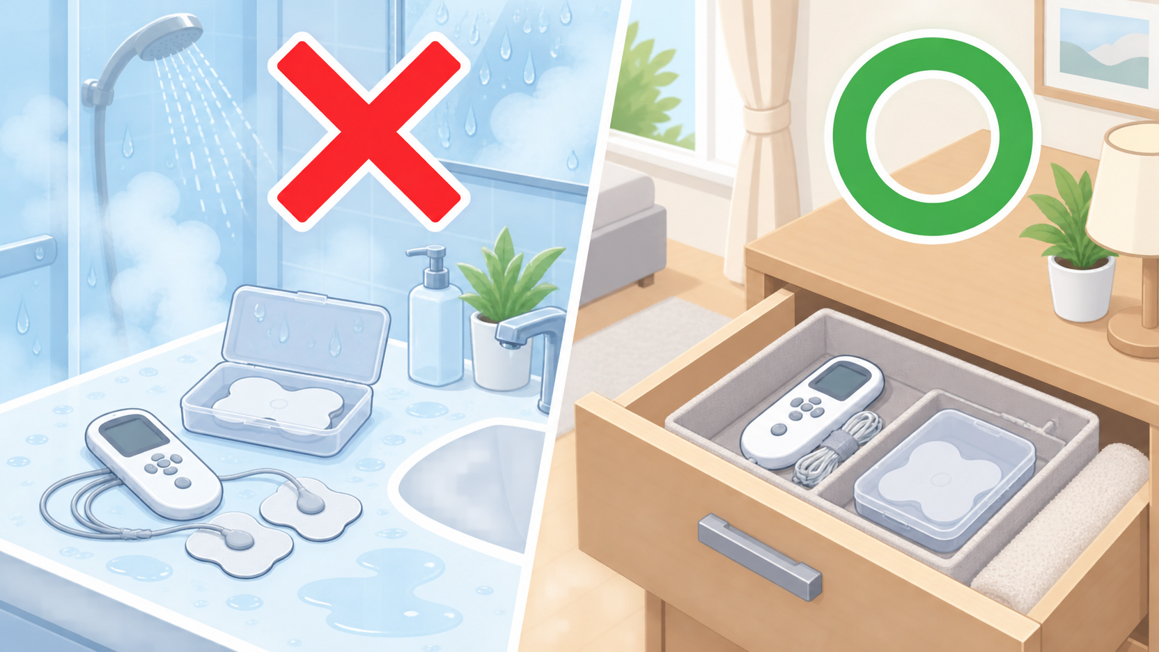 低周波治療器の本体とパッドを浴室ではなく湿度の低い居室の引き出しに保管する様子を示す図解
