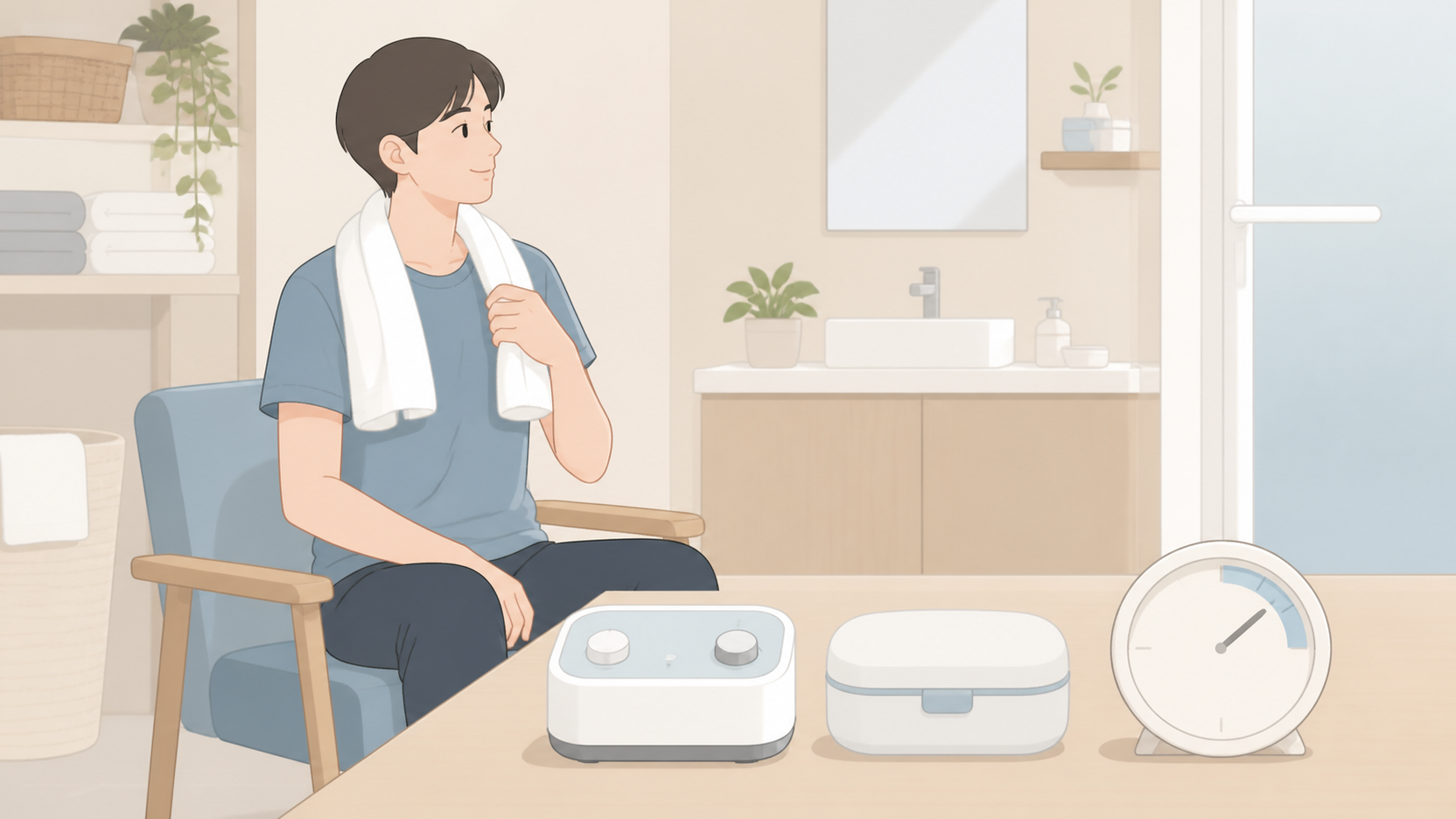 入浴後に脱衣所で汗を拭き、低周波治療器を使う前に15〜30分待つ様子を示す編集用イラスト