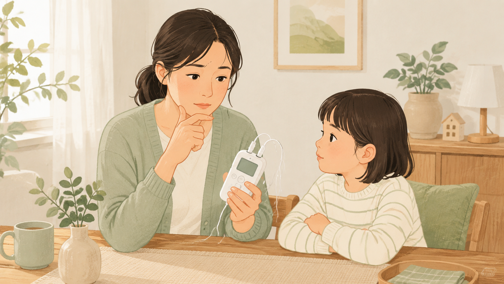 子ども用に低周波治療器を使ってよいかを検討する保護者のイラスト