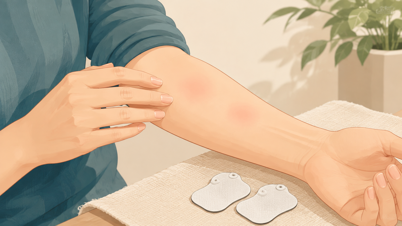 低周波治療器のパッドを外したあとに皮膚の赤みを確認する場面のイラスト