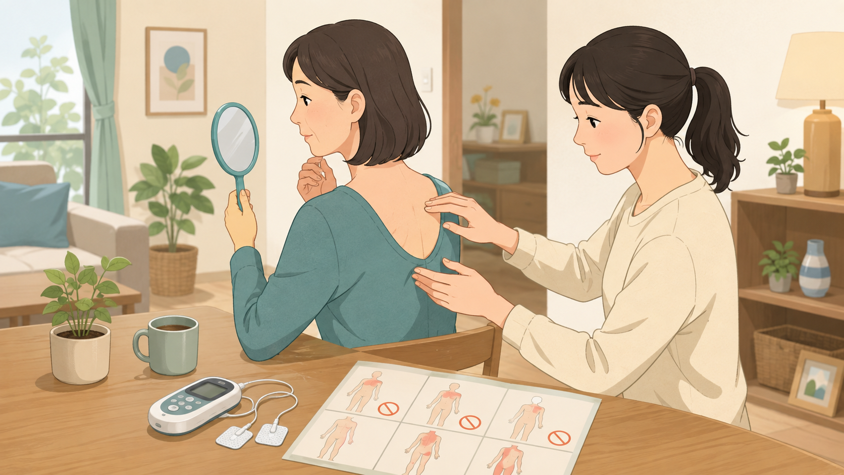 家庭で低周波治療器を使う前にパッドを貼らない部位や皮膚の状態を家族と確認する場面のイラスト