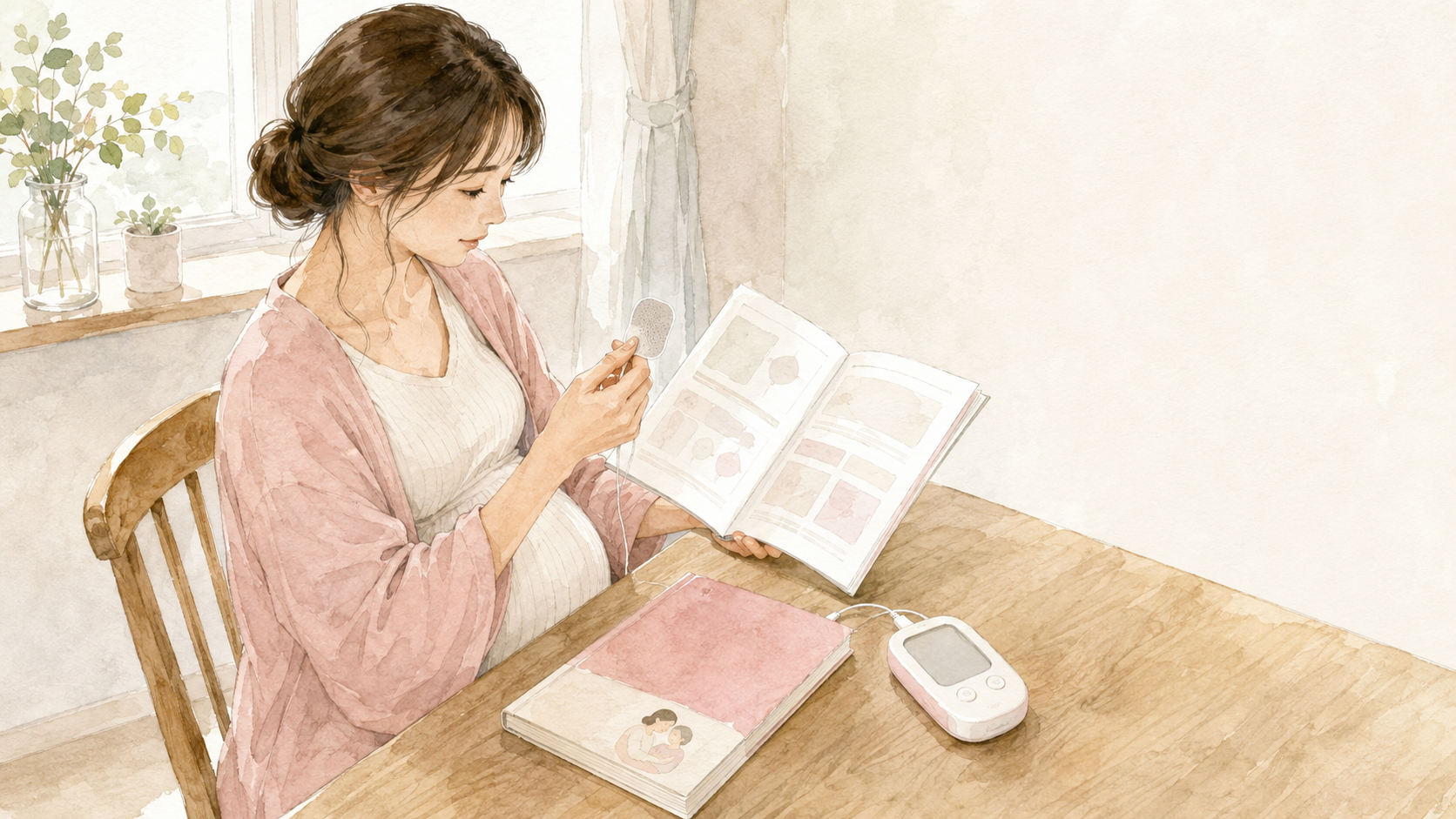 妊娠中の女性が自宅で低周波治療器の取扱説明書とパッドを確かめ、母子健康手帳を用意しているイラスト