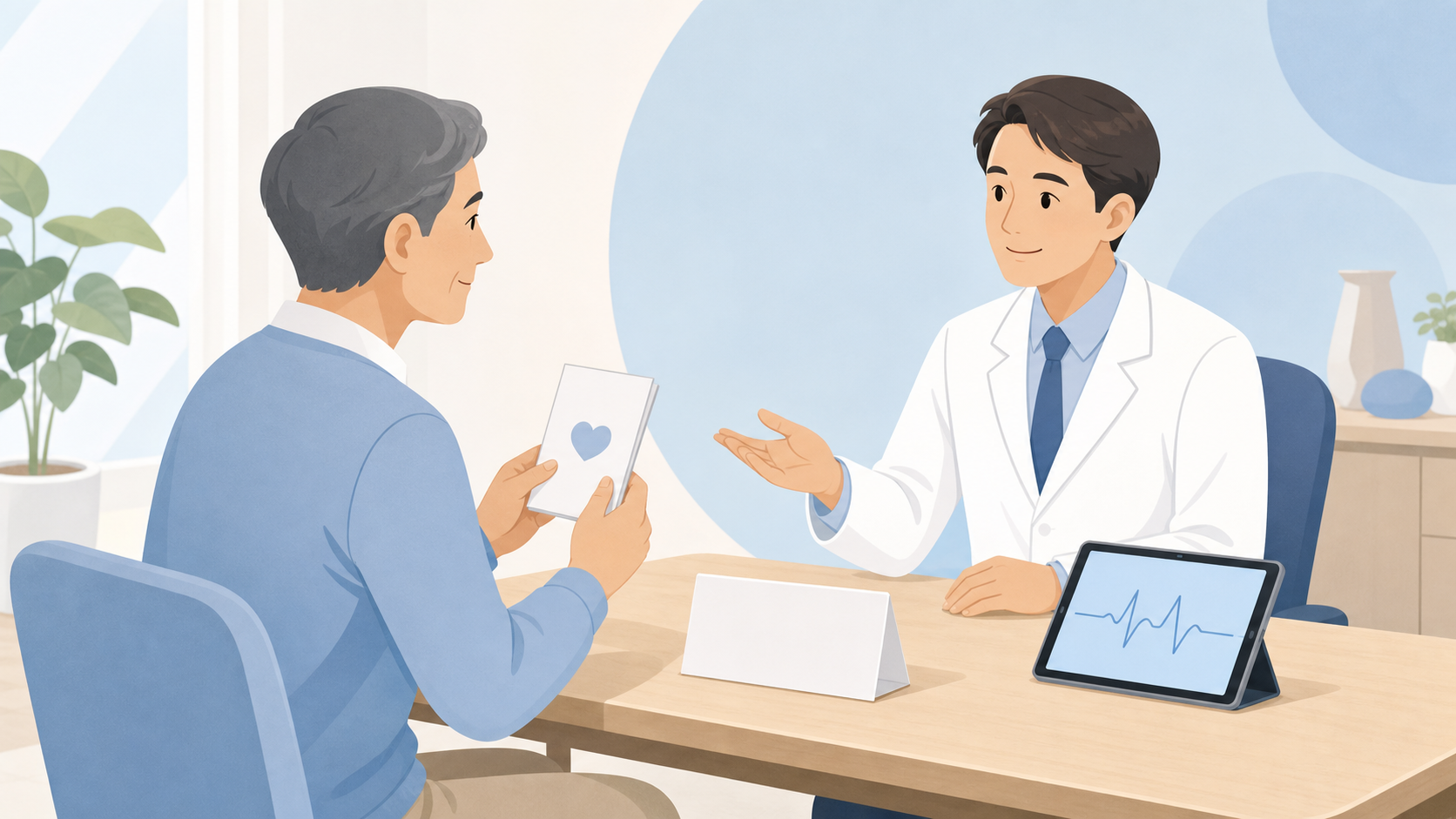 主治医に機種名と貼る部位を伝えて相談する場面のイラスト