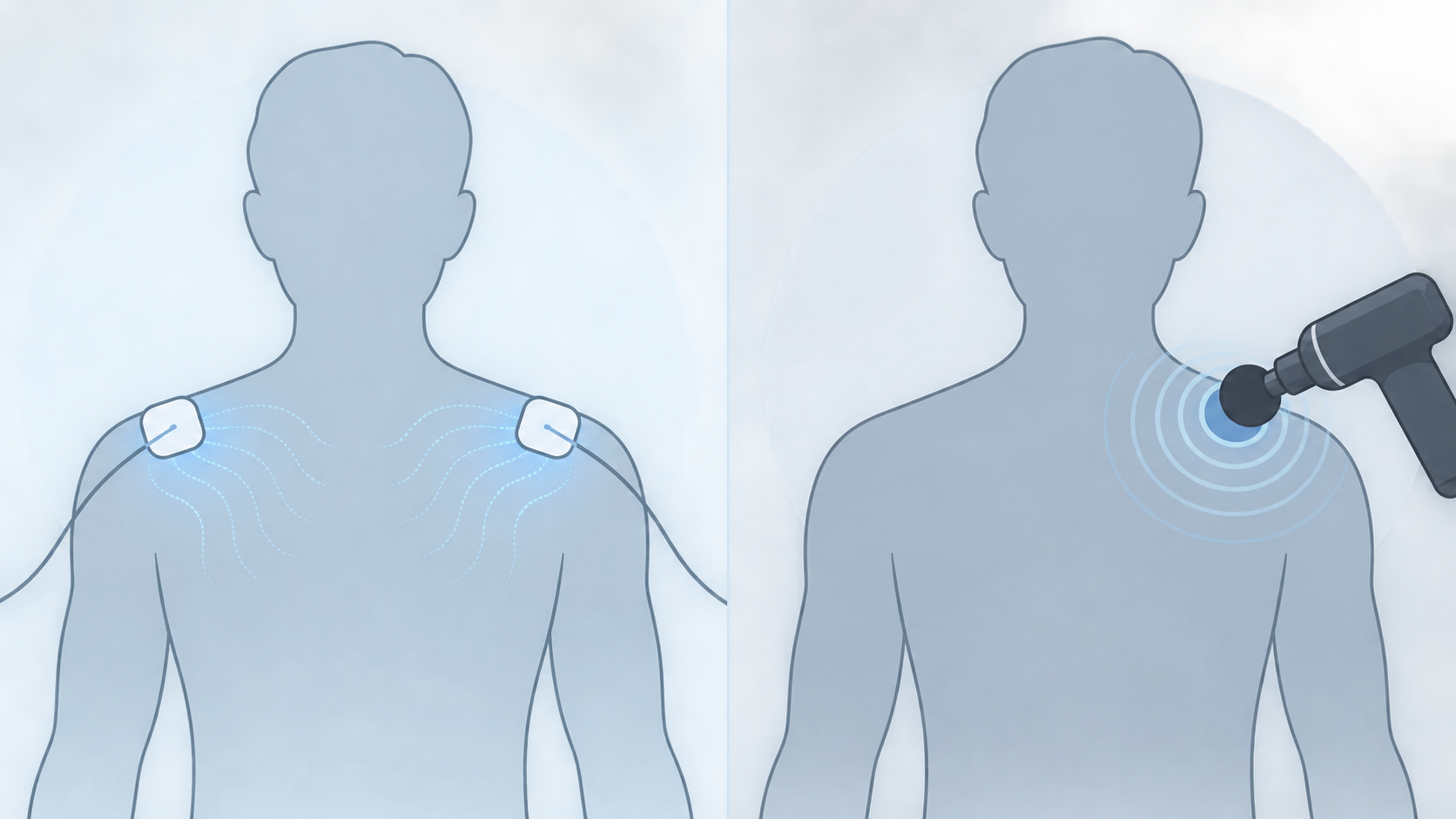 肩に貼ったパッドから広がる電気と、マッサージガンから伝わる振動の違いを上半身の輪郭で示した図解