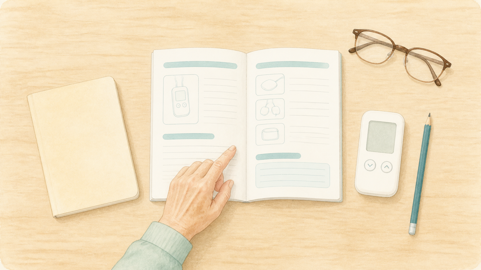 医師への相談に備えて説明書とお薬手帳をそろえるイラスト