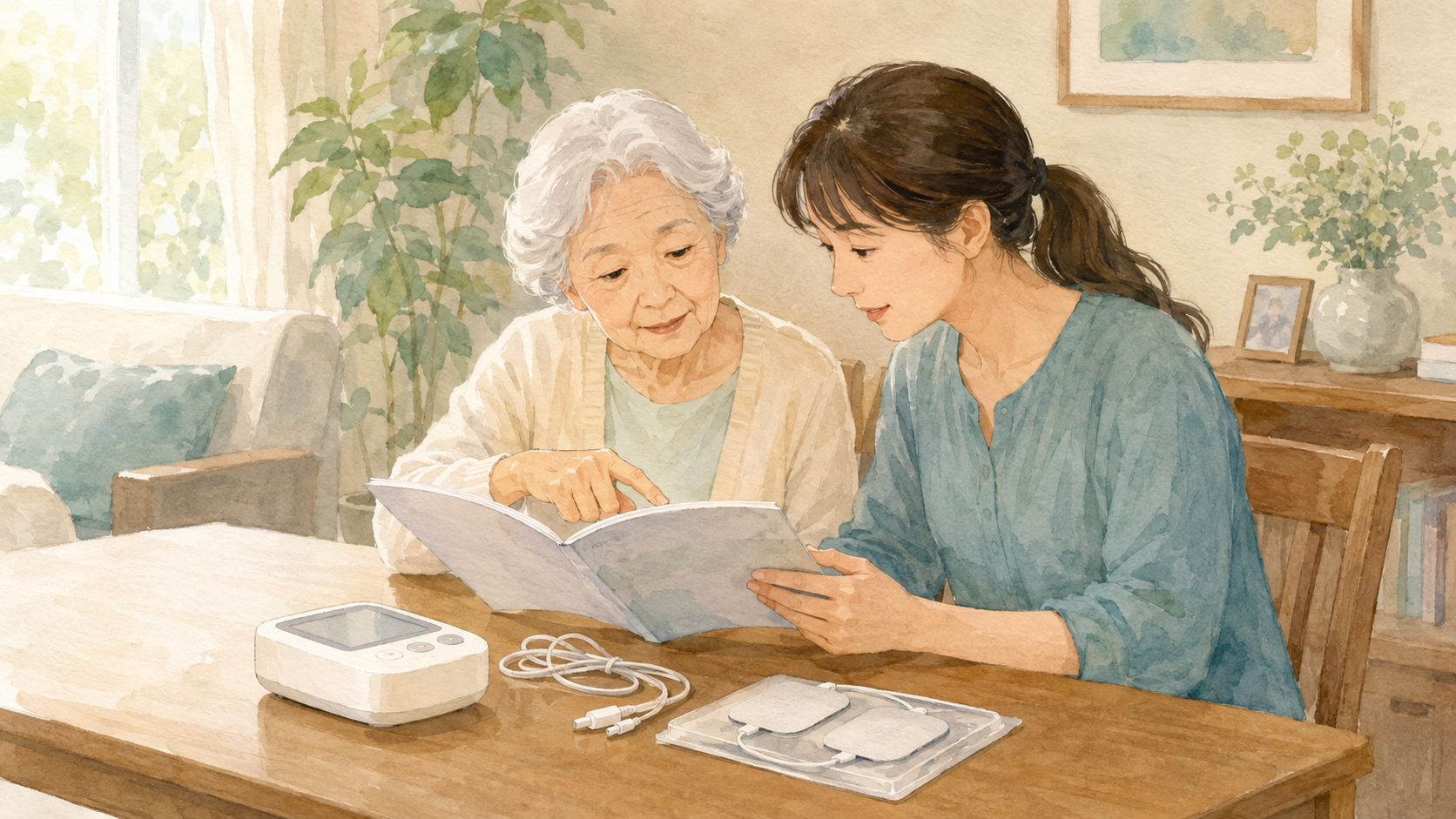 高齢の母親と娘が低周波治療器の説明書を一緒に確認するイラスト