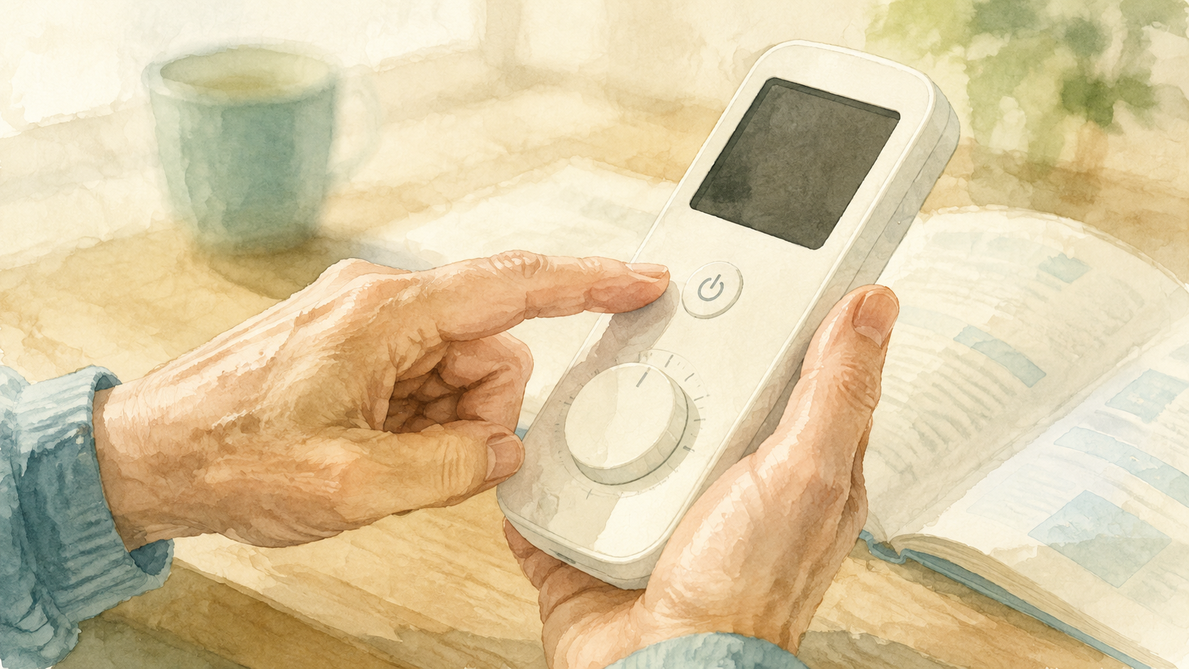機器の電源ボタンの位置を手元で確認するイラスト